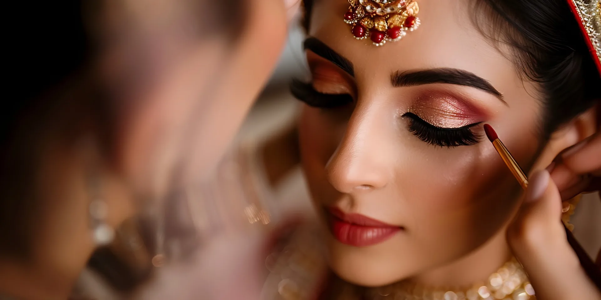 Bridal makeup artist detailing a bride's eye makeup at Venera Academy