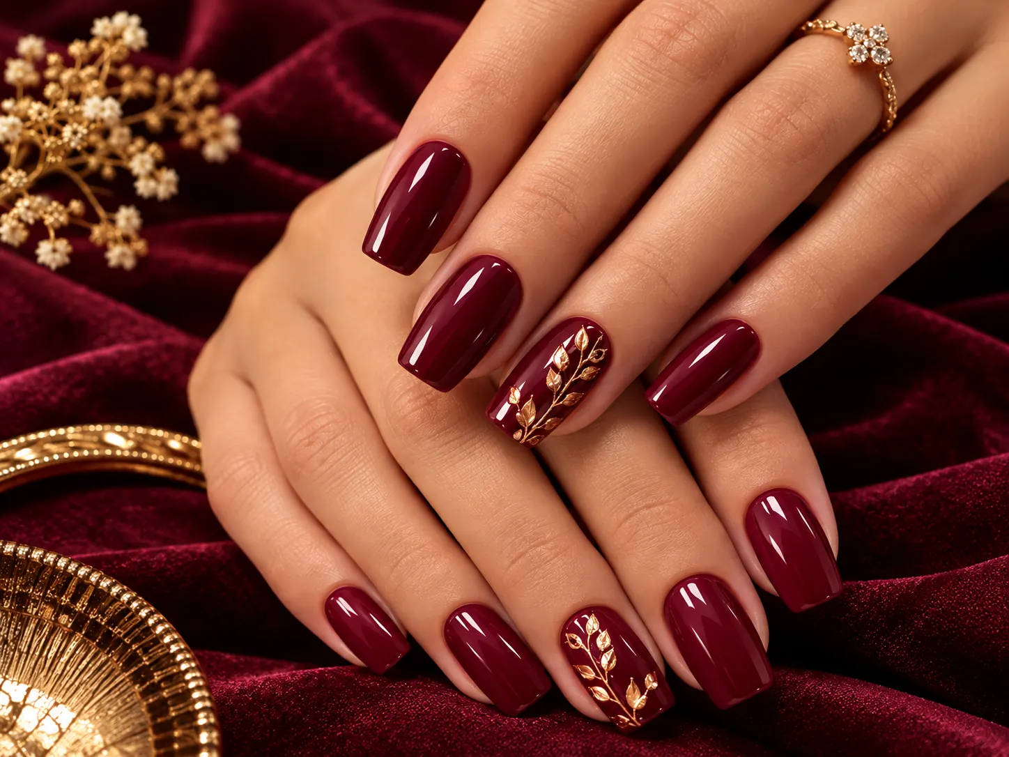 Gel polish application with gold nail art detail
